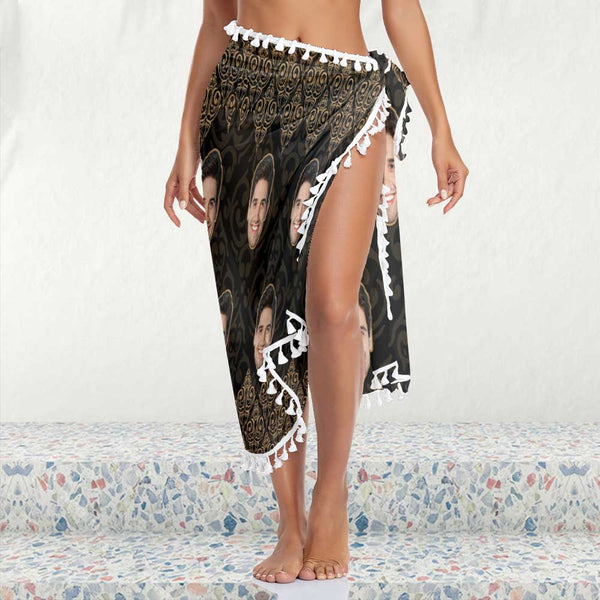 Custom Face Black Beach Wraps Chiffon Sarong Bikini Swimsuit Cover Ups Skirt Tassels