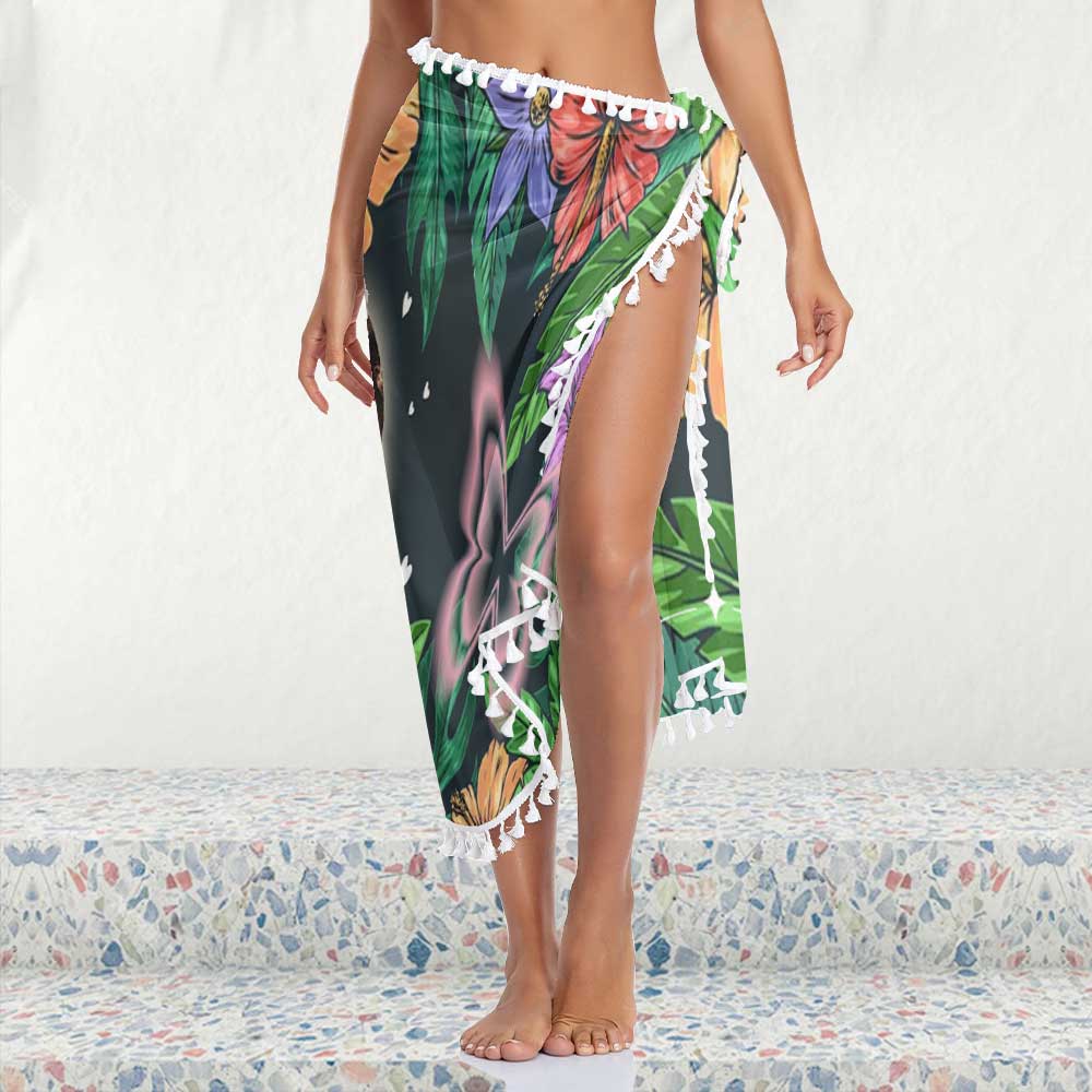 Custom Face Green Leaves Red Flowers Beach Wraps Chiffon Sarong Bikini Swimsuit Cover Ups Skirt Tassels