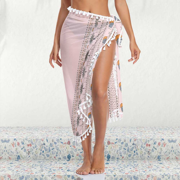 Custom Face Pink Beach Wraps Chiffon Sarong Bikini Swimsuit Cover Ups Skirt Tassels
