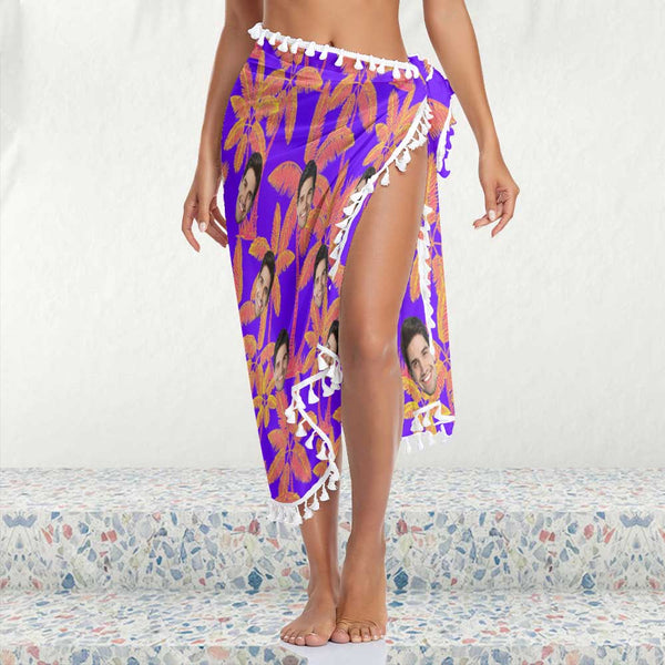 Custom Face Radiant Purple Beach Wraps Chiffon Sarong Bikini Swimsuit Cover Ups Skirt Tassels
