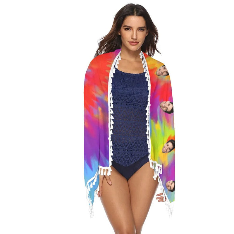 Custom Face Rainbow Beach Wraps Chiffon Sarong Bikini Swimsuit Cover Ups Skirt Tassels