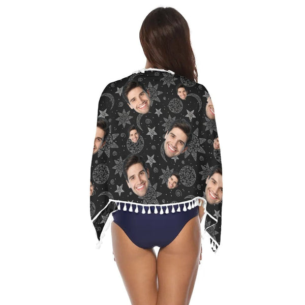 Custom Face Stars Moon Black Beach Wraps Chiffon Sarong Bikini Swimsuit Cover Ups Skirt Tassels