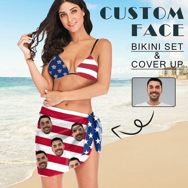 Custom Face American Flag Swim Bikini & Coverup Personalized Bathing Suit And Short Sarongs Beach Wrap For Women