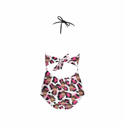 Plus Size Custom Pink Leopard Face Black Sling One Piece Swimsuit Personalized Beach Pool Outfit Honeymoons Party