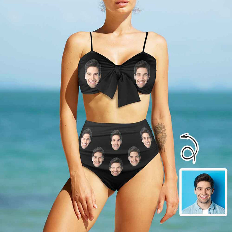 Custom Big Face Black High Waist Bikini Personalized Chest Bow Two-piece Bikini Swimsuit Set