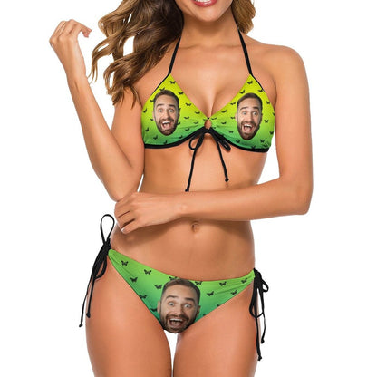 Custom Face Green Bikini Personalized Swimwear Women&