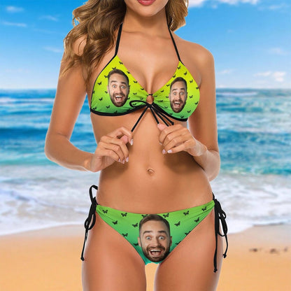 Custom Face Green Bikini Personalized Swimwear Women&