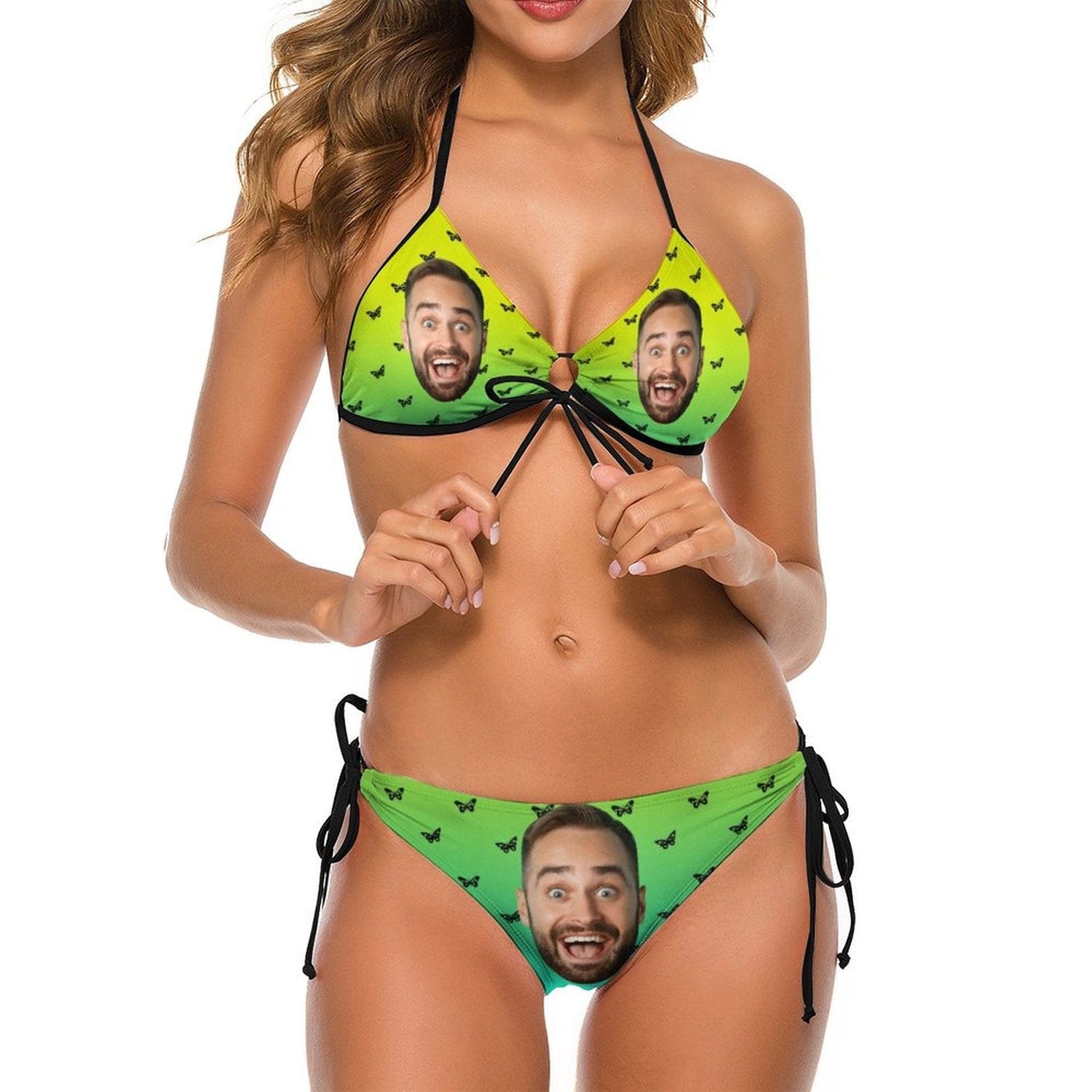 Custom Face Green Bikini Personalized Swimwear Women&