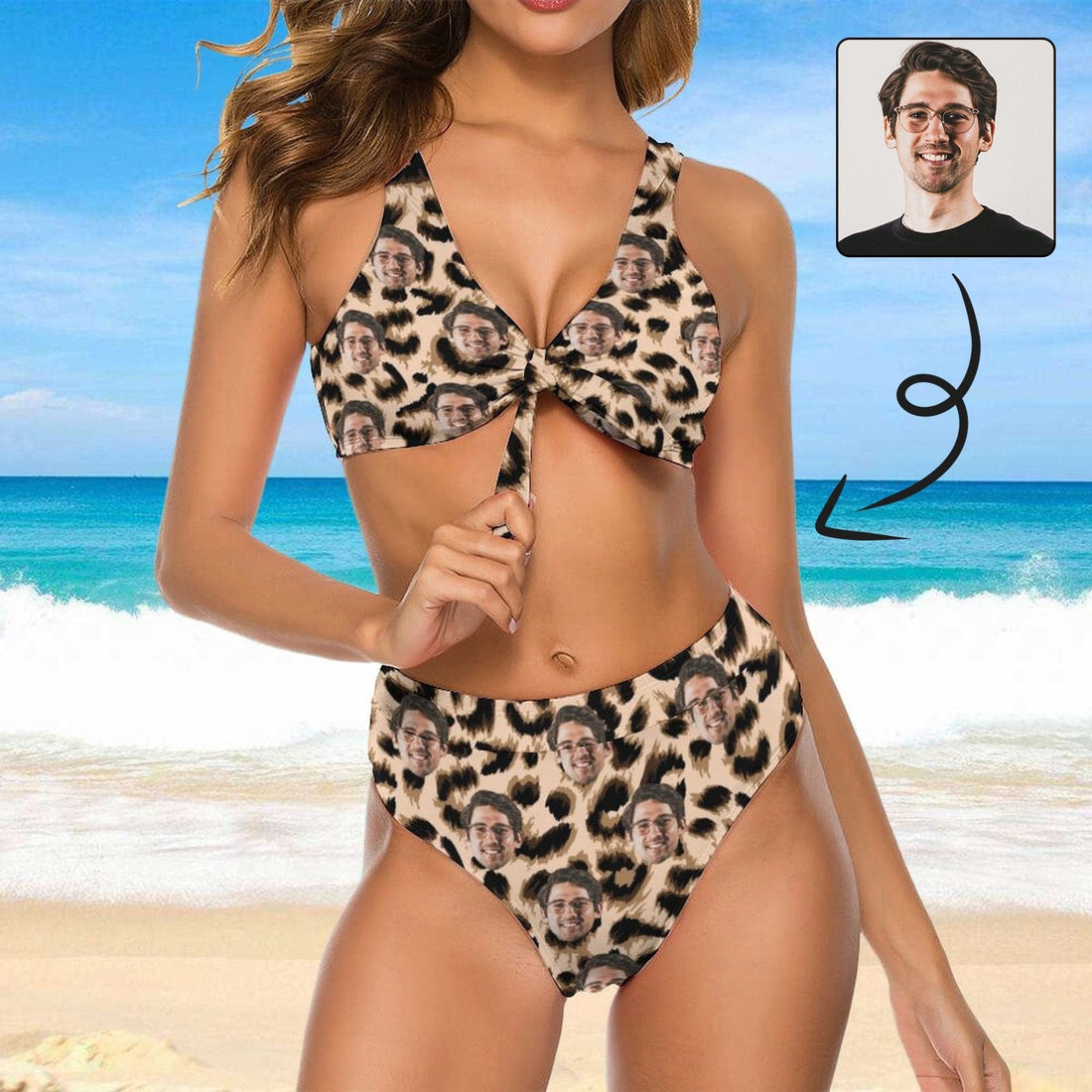 Custom Face Leopard Chest Strap High Waisted Bikini Women&