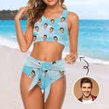 Custom Husband Face Blue Wave Personalized Women Strap Bikini Swimsuit