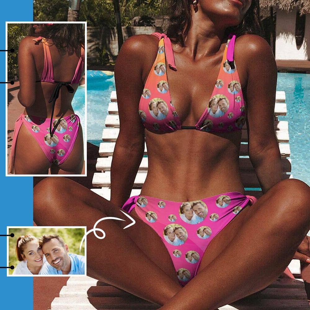 Custom Photo Pink Deep V Neck Tie Side Low Waisted Triangle Bikini Personalized Bathing Suit Women&