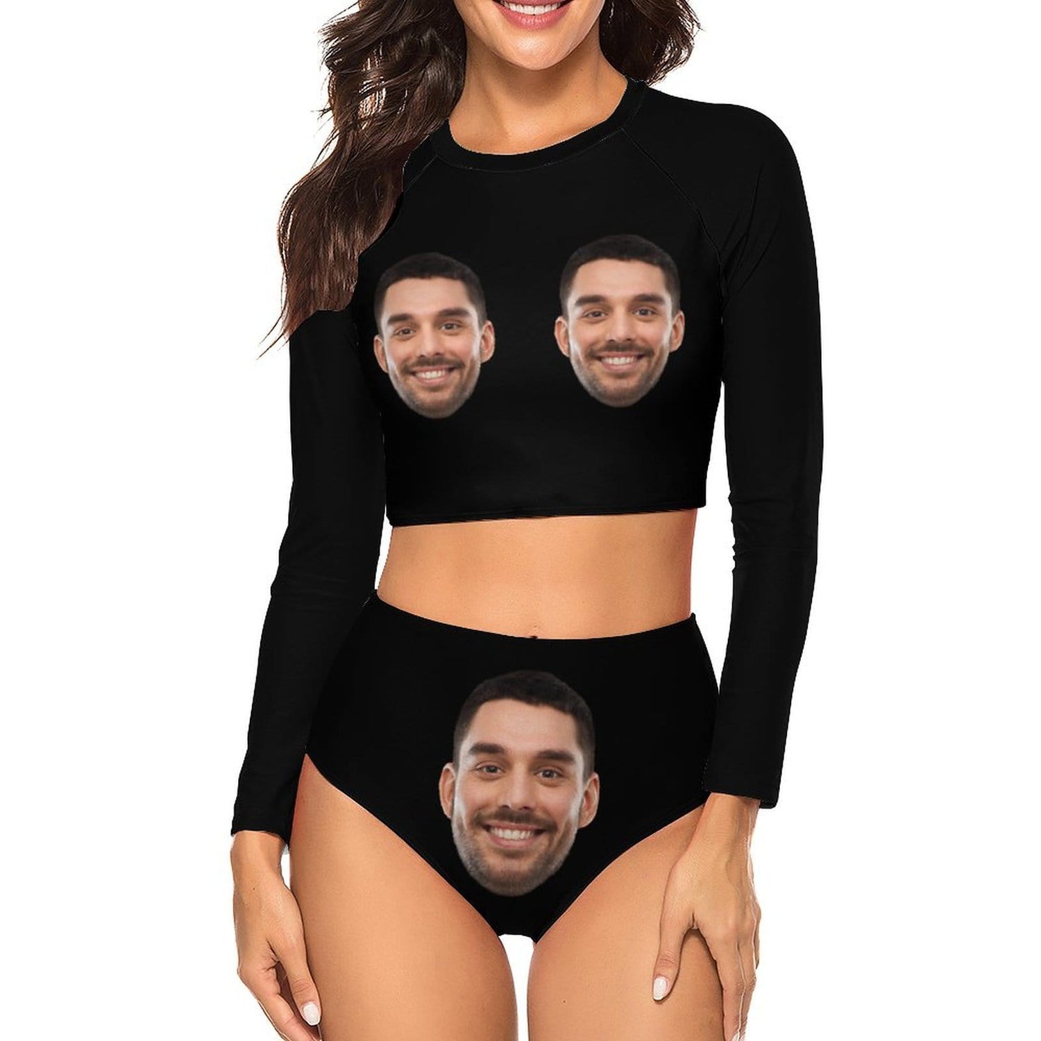 Custom Face Black Long Sleeve High Waisted Tankini Bathing Suit Personalized Women&