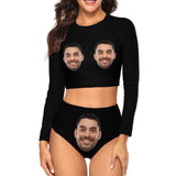 Custom Face Black Long Sleeve High Waisted Tankini Bathing Suit Personalized Women's Two Piece Swimsuit Beach Outfits