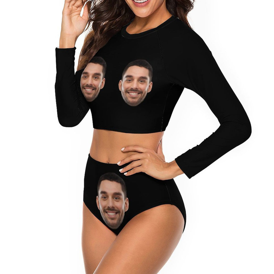 Custom Face Black Long Sleeve High Waisted Tankini Bathing Suit Personalized Women&