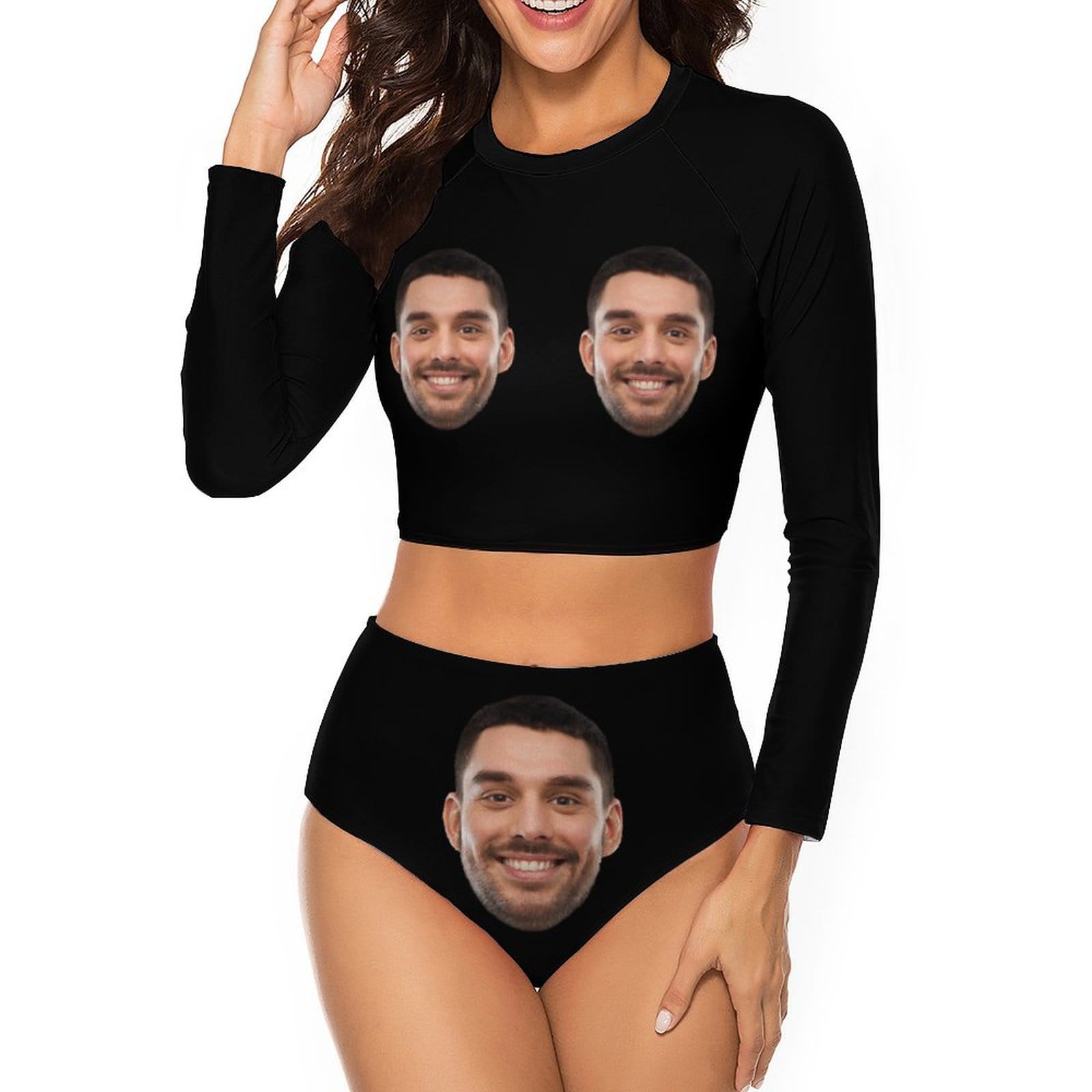 Custom Face Black Long Sleeve High Waisted Tankini Bathing Suit Personalized Women&