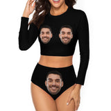 Custom Face Black Long Sleeve High Waisted Tankini Bathing Suit Personalized Women's Two Piece Swimsuit Beach Outfits