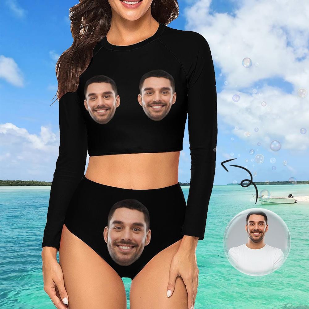 Custom Face Black Long Sleeve High Waisted Tankini Bathing Suit Personalized Women&