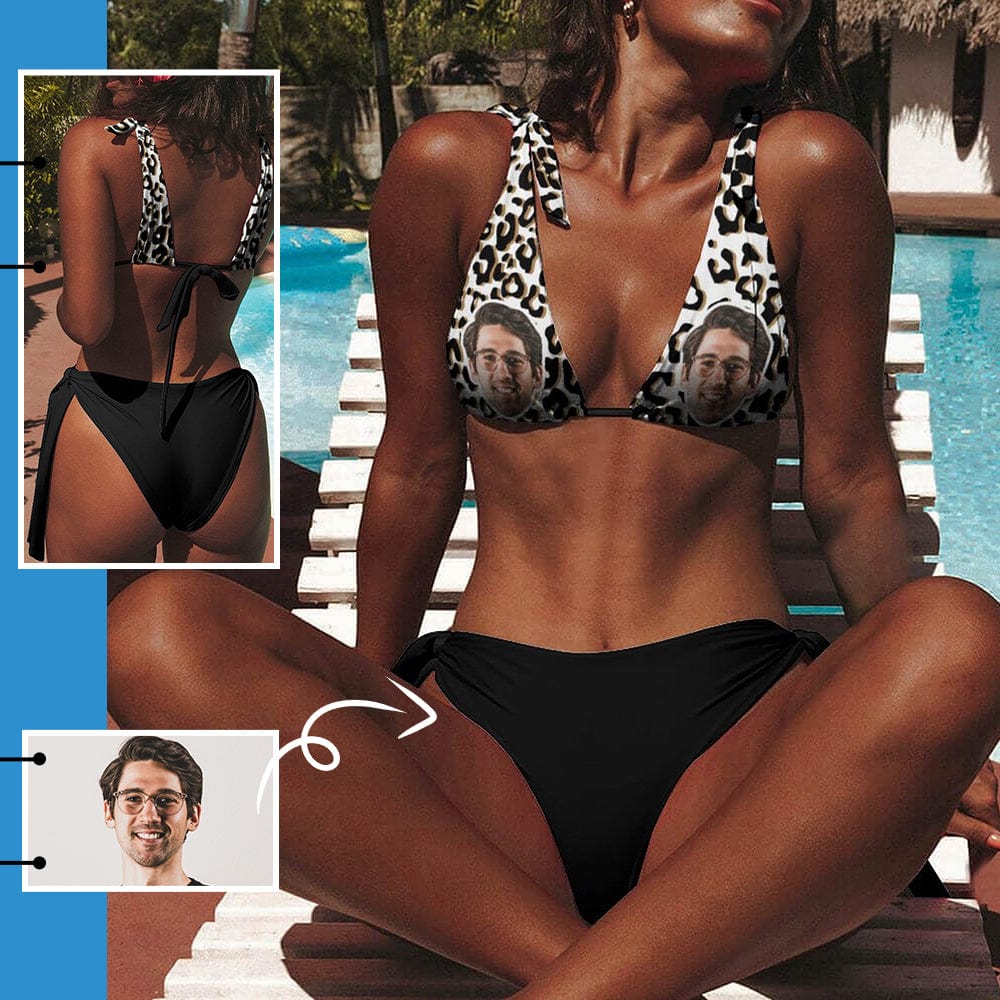 Custom Face Deep V Neck Tie Side Low Waisted Triangle Bikini Personalized Bathing Suit Women&