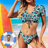 Custom Face Eye Catching Short Sleeves Tie Side Low Waisted Bikini Personalized Women's Two Piece Swimsuit Beach Outfits