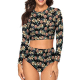 Custom Face Flowers Leaves Long Sleeve High Waisted Tankini Bathing Suit Personalized Women's Two Piece Swimsuit Beach Outfits