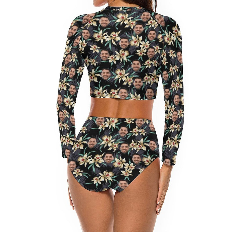 Custom Face Flowers Leaves Long Sleeve High Waisted Tankini Bathing Suit Personalized Women's Two Piece Swimsuit Beach Outfits