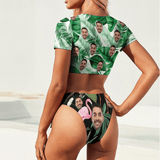 Custom Face Gree Leaves Short Sleeves Tie Side Low Waisted Bikini Personalized Women's Two Piece Swimsuit Beach Outfits