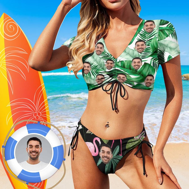 Custom Face Gree Leaves Short Sleeves Tie Side Low Waisted Bikini Personalized Women's Two Piece Swimsuit Beach Outfits