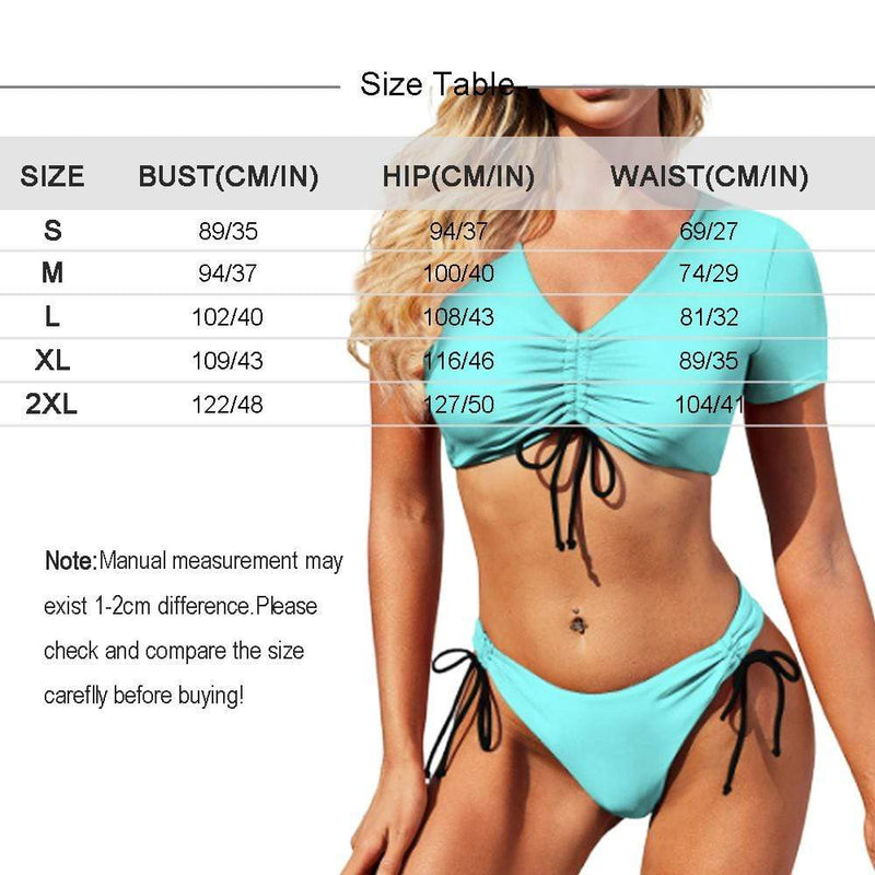 Custom Face Kiss Me Short Sleeves Tie Side Low Waisted Bikini Personalized Women's Two Piece Swimsuit Beach Outfits