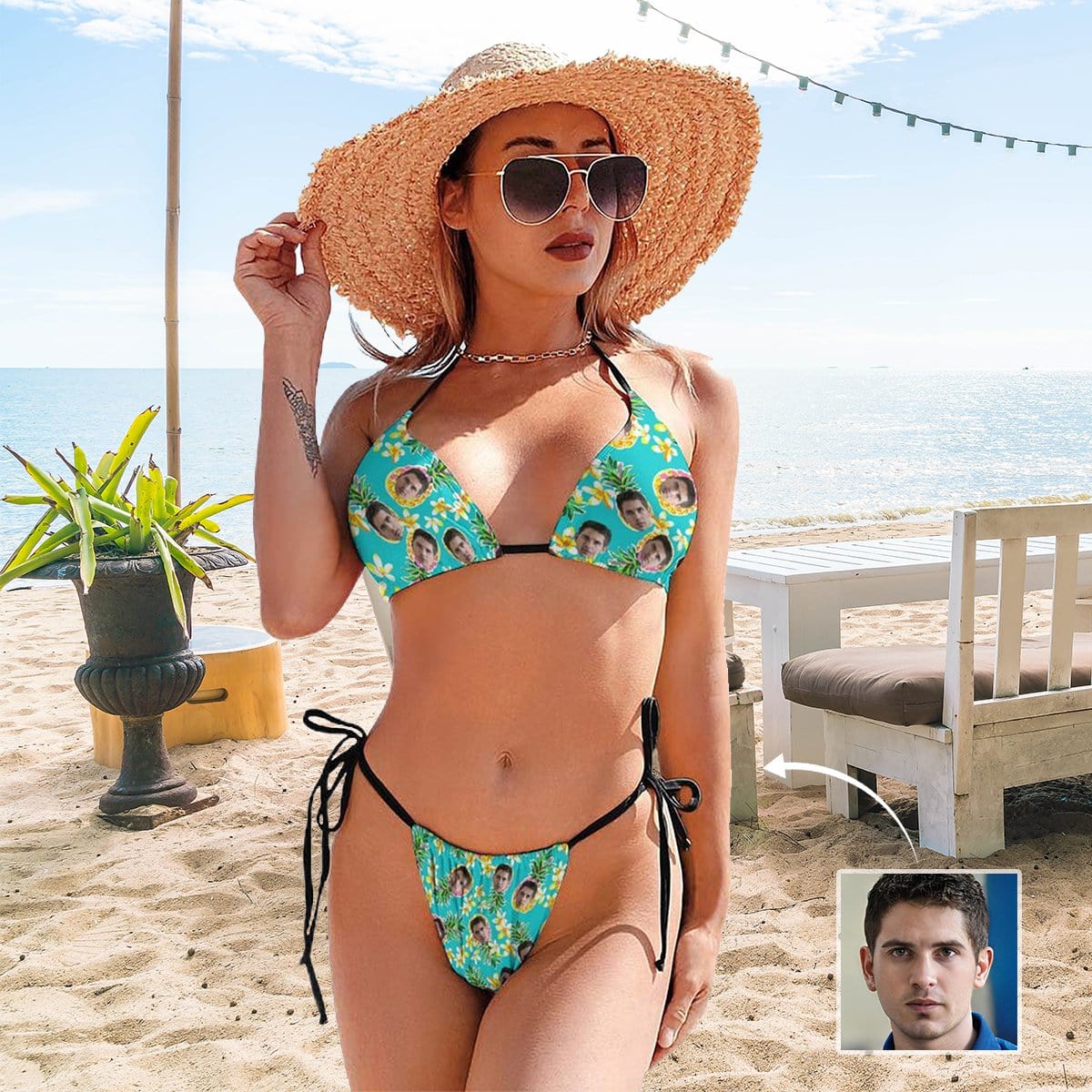 Custom Face Pineapple Flowers Deep V Neck Tie Side Low Waisted Triangle Bikini Personalized Bathing Suit Women&