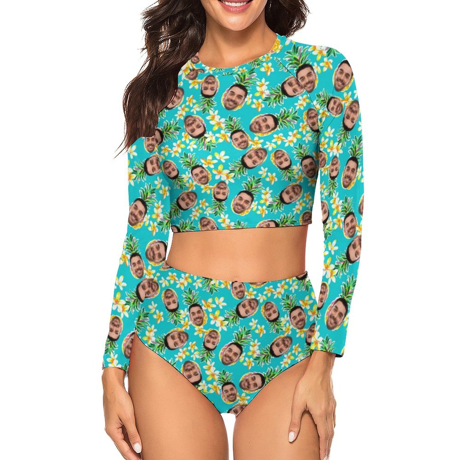 Custom Face Pineapple Tropical Small Flowers Tankini Swimsuit