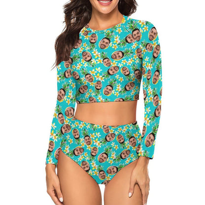 Custom Face Pineapple Tropical Small Flowers Tankini Swimsuit