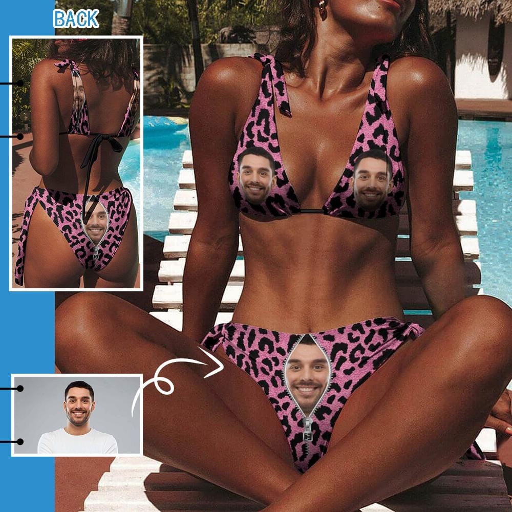 Custom Face Pink Leopard Deep V Neck Tie Side Low Waisted Triangle Bikini Personalized Bathing Suit Women&