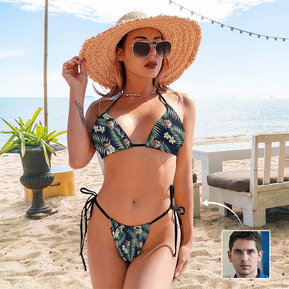 Custom Face Plants Flowers Deep V Neck Tie Side Low Waisted Triangle Bikini Personalized Bathing Suit Women&