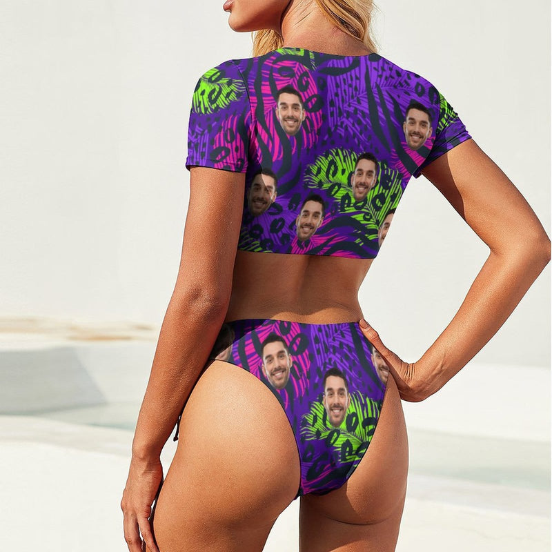 Custom Face Purple Short Sleeves Tie Side Low Waisted Bikini Personalized Women's Two Piece Swimsuit Beach Outfits