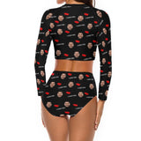 Custom Face Red Love Long Sleeve High Waisted Tankini Bathing Suit Personalized Women's Two Piece Swimsuit Beach Outfits