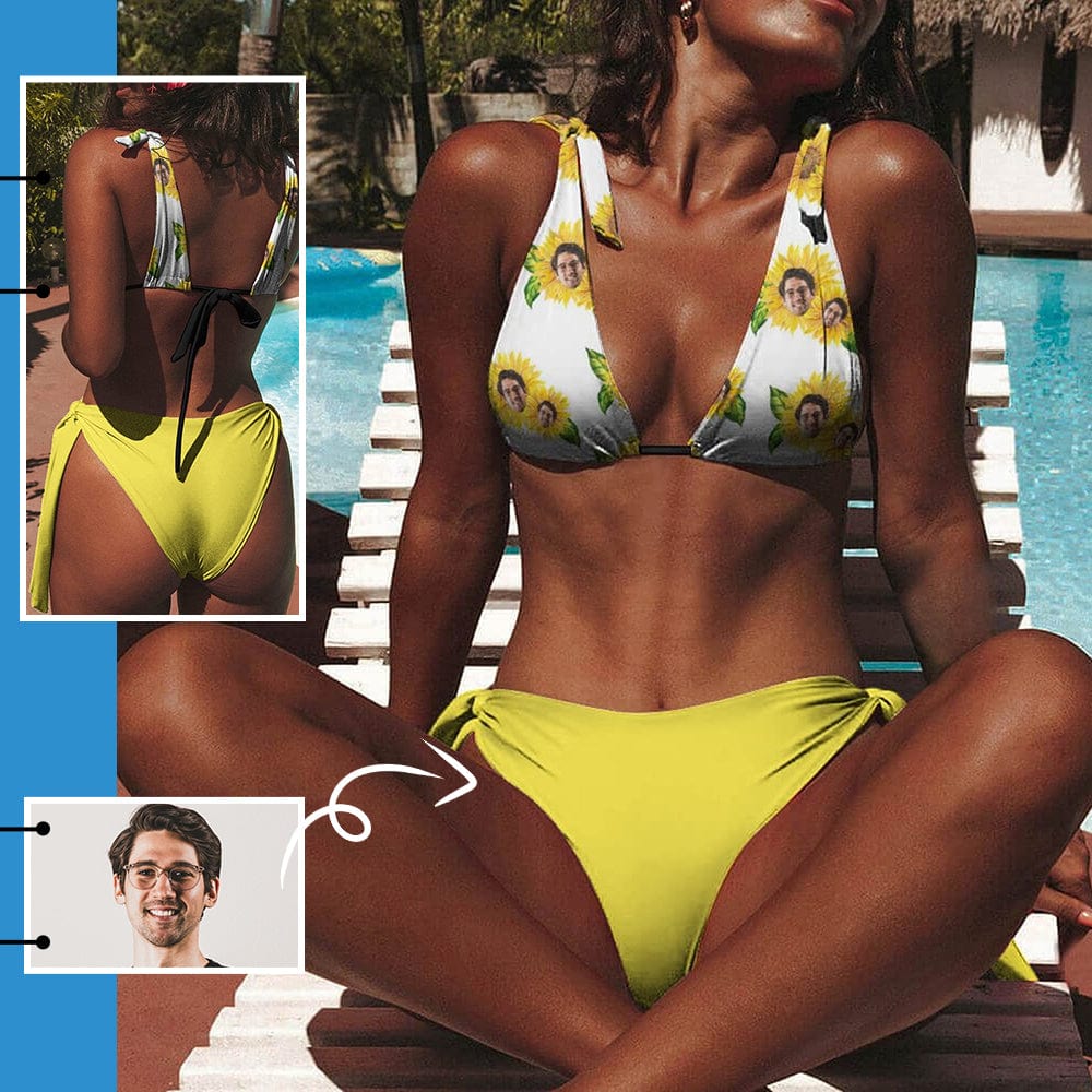 Custom Face Yellow Flowers Deep V Neck Tie Side Low Waisted Triangle Bikini Personalized Bathing Suit Women&