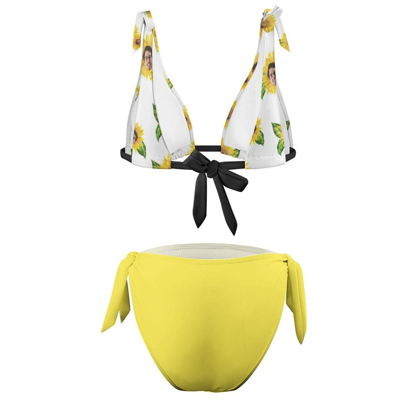 Custom Face Yellow Flowers Deep V Neck Tie Side Low Waisted Triangle Bikini Personalized Bathing Suit Women's Two Piece Swimsuit Summer Beach Pool Outfits