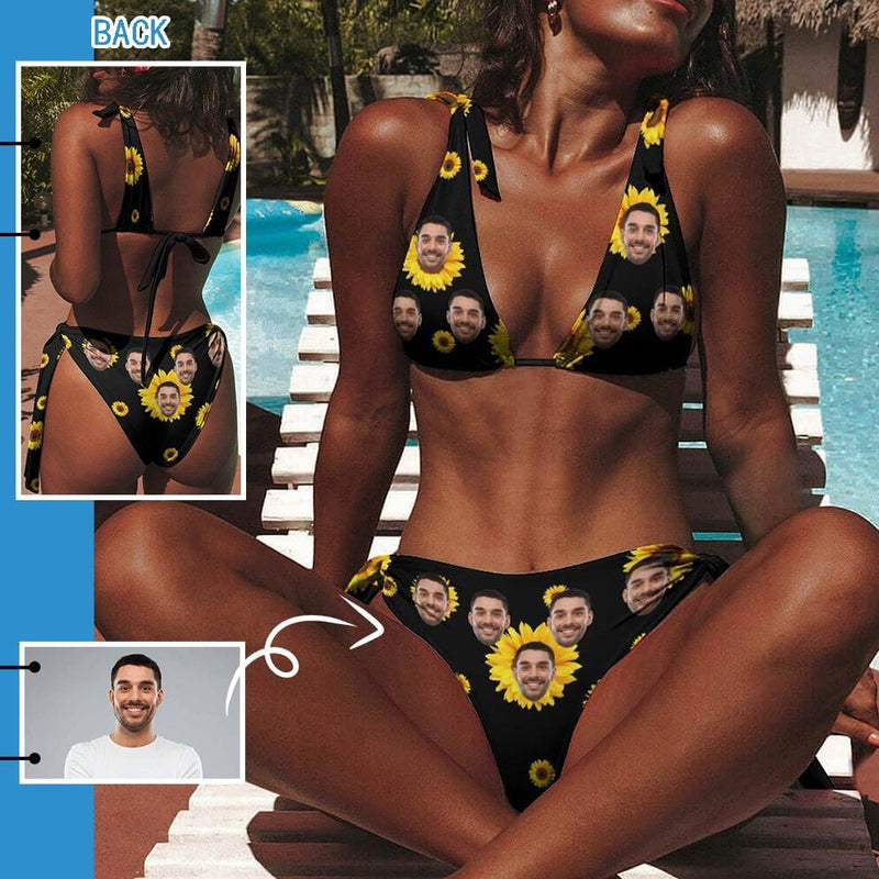 Custom Face Yellow Leopard Deep V Neck Tie Side Low Waisted Triangle Bikini Personalized Bathing Suit Women's Two Piece Swimsuit Summer Beach Pool Outfits