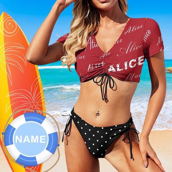 Custom Name Red Short Sleeves Tie Side Low Waisted Bikini Personalized Women's Two Piece Swimsuit Beach Outfits