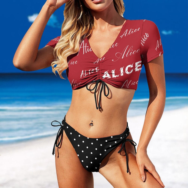 Custom Name Red Short Sleeves Tie Side Low Waisted Bikini Personalized Women's Two Piece Swimsuit Beach Outfits