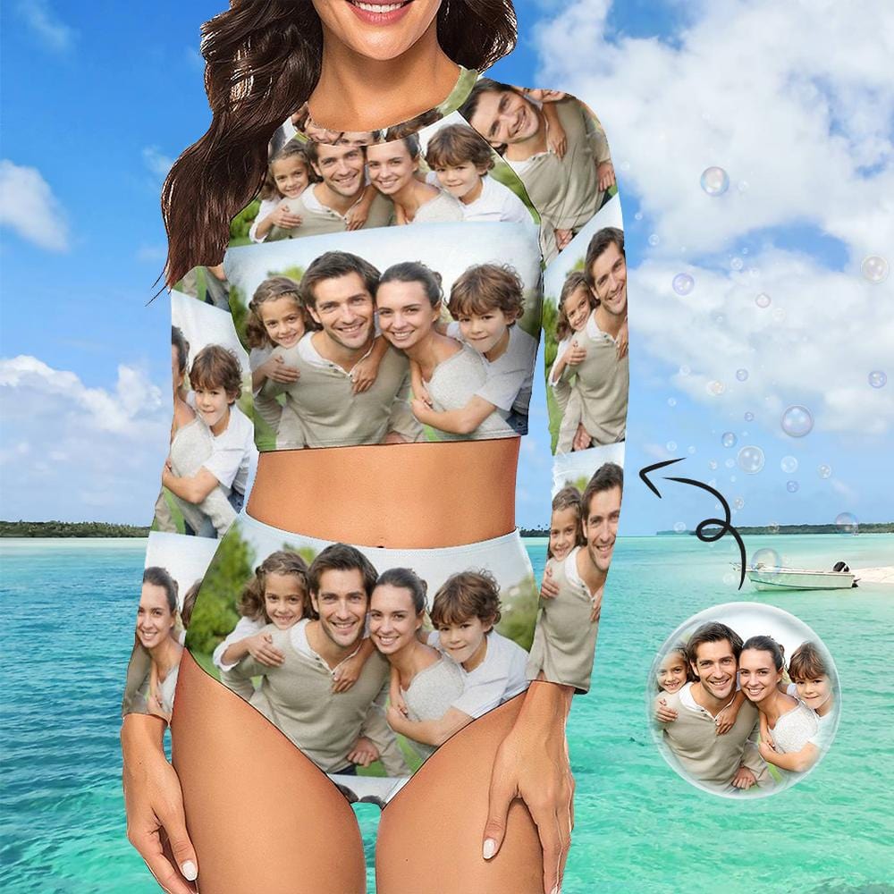 Custom Photo Happy Family Long Sleeve High Waisted Tankini Bathing Suit Personalized Women&