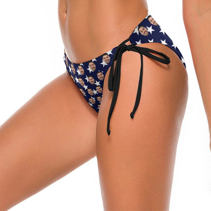 Side Tie-Custom Face Flag Star Personalized Bikini Swimsuit Bottom