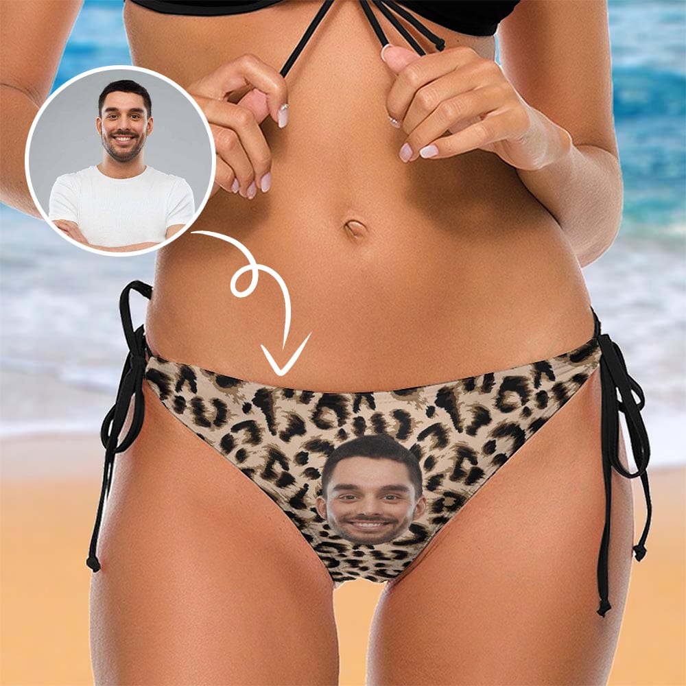 Side Tie-Custom Face Sexy Leopard Personalized Bikini Swimsuit Bottom