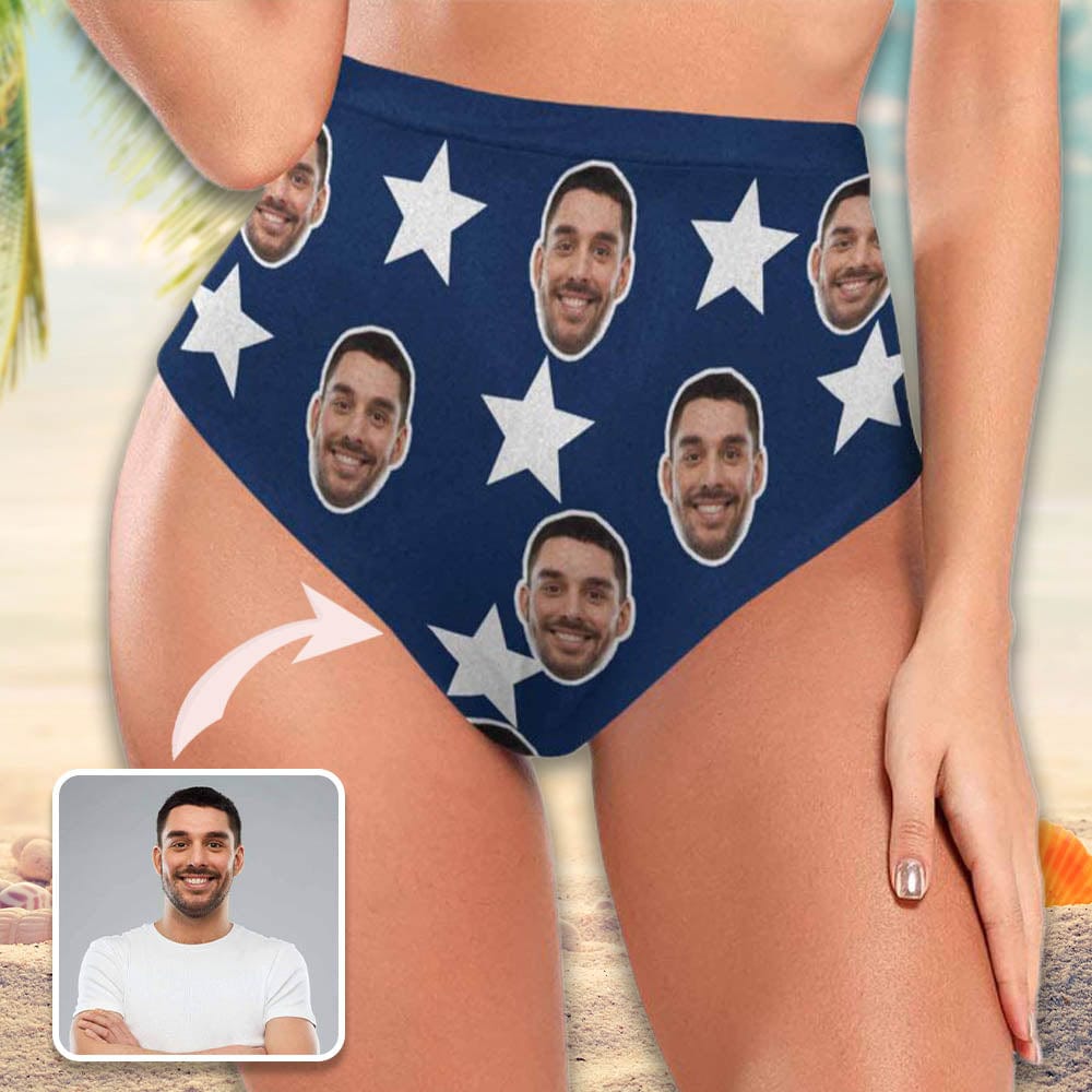 High Waisted Bikini Bottom-Custom Face USA Flag Personalized Bikini Swimsuit Bottom