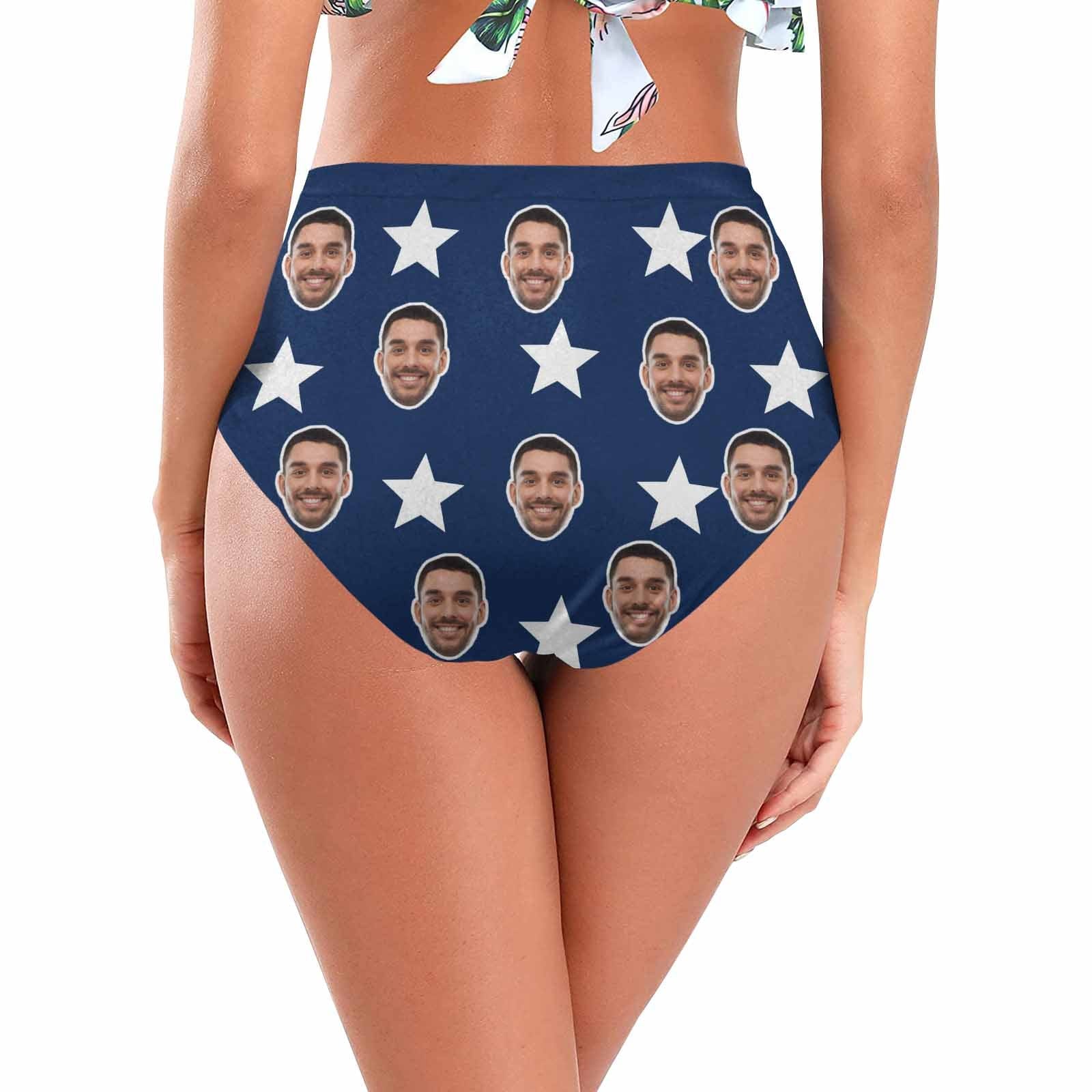 High Waisted Bikini Bottom-Custom Face USA Flag Personalized Bikini Swimsuit Bottom