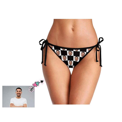 Side Tie-Custom Boyfriend Face Black White Lattice Personalized Bikini Swimsuit Bottom