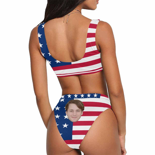 Custom Face American Flag Scoop Neck Sport Top High Waisted Bikini Swimsuits Personalized Women's Two Piece Bathing Suit Beach Outfits