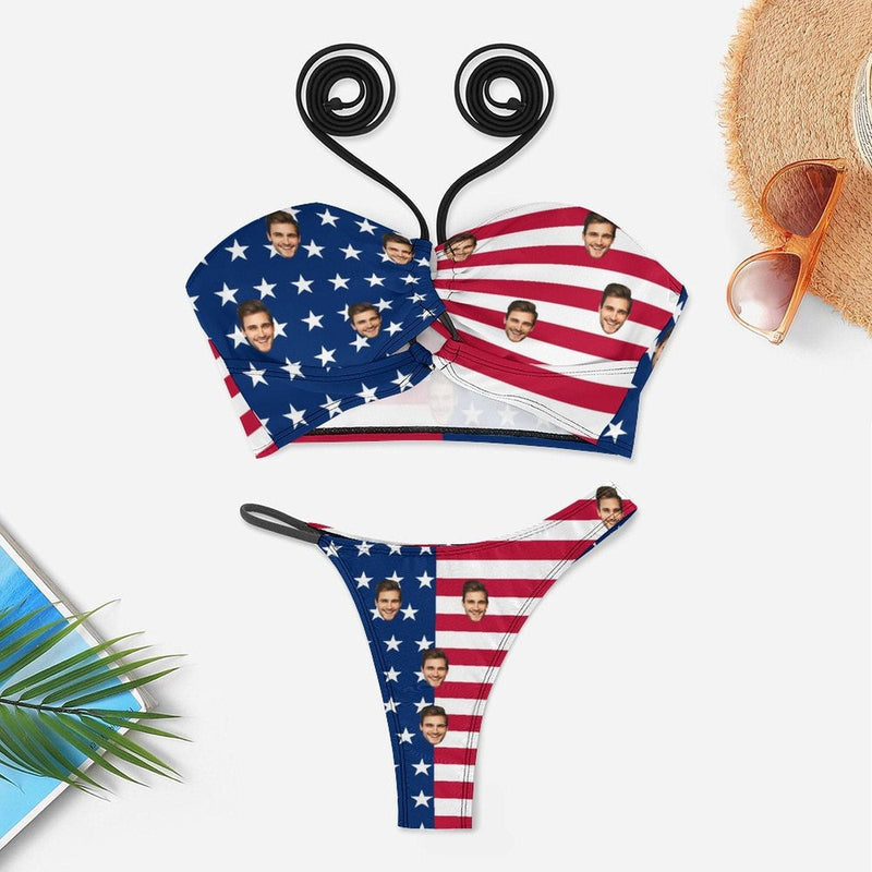 Custom Face American Flag Swimsuit Self Tie Halter Neck Straps Cross Strap Bikini