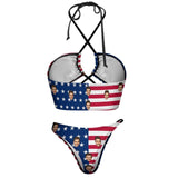 Custom Face American Flag Swimsuit Self Tie Halter Neck Straps Cross Strap Bikini