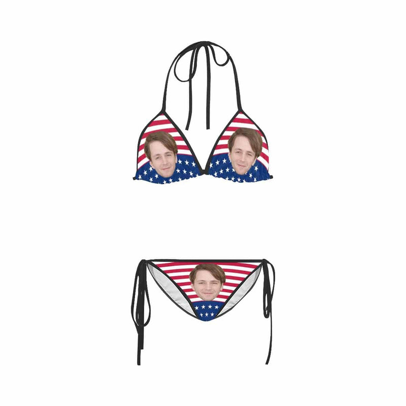 Custom Face American Flag String Halter Tie Side Low Waisted Triangle Bikini Personalized Bathing Suit Women's Two Piece Swimsuit Summer Beach Pool Outfits